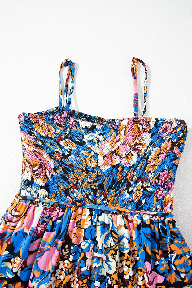 Floral Smocked Spaghetti Straps Wide Leg Jumpsuit www.nizzadesign.com