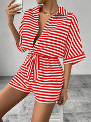 Tie Waist Half Button Striped Romper Red www.nizzadesign.com