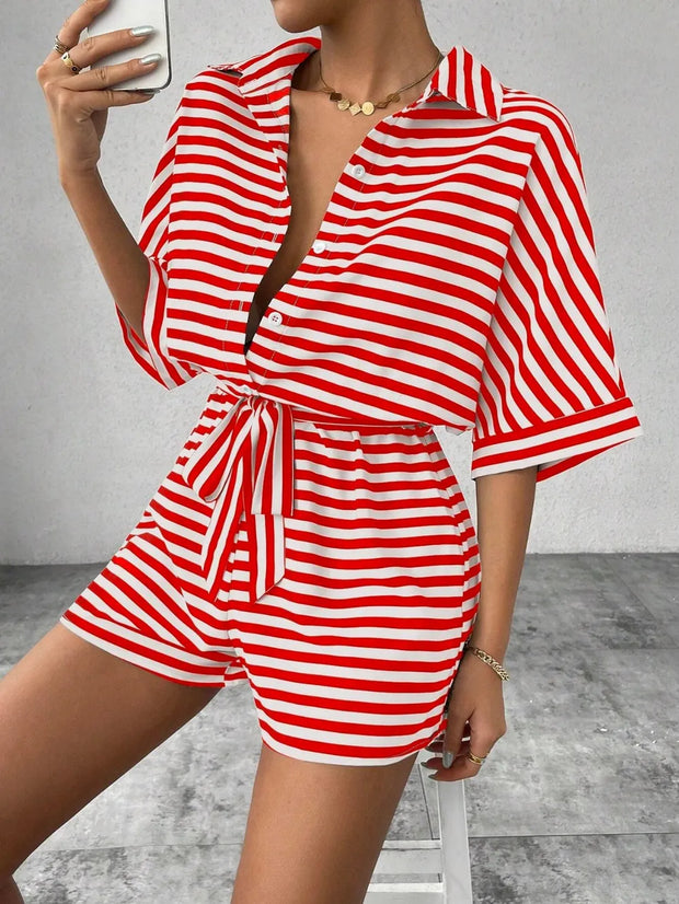 Tie Waist Half Button Striped Romper Red www.nizzadesign.com