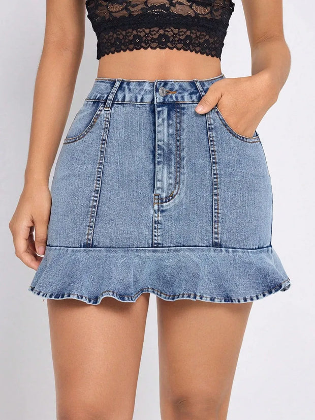 Ruffled Hem Denim Mini Skirt Light www.nizzadesign.com