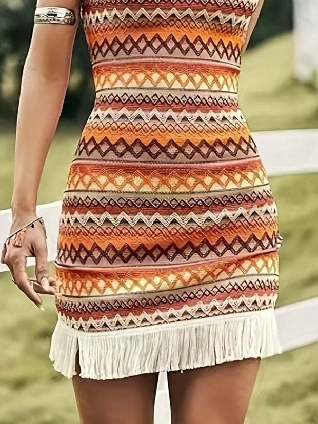 Full Size Fringe Grecian Neck Mini Dress Plus Size www.nizzadesign.com