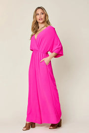 Double Take Full Size Surplice Wide Leg Jumpsuit with Pockets www.nizzadesign.com