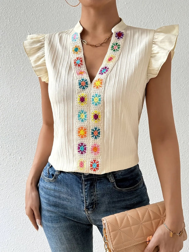 Embroidered Cap Sleeve Notched Blouse Apricot www.nizzadesign.com