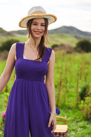 Davi & Dani Smocked Bodice Strap Ruffle Tie Belt Jumpsuit www.nizzadesign.com