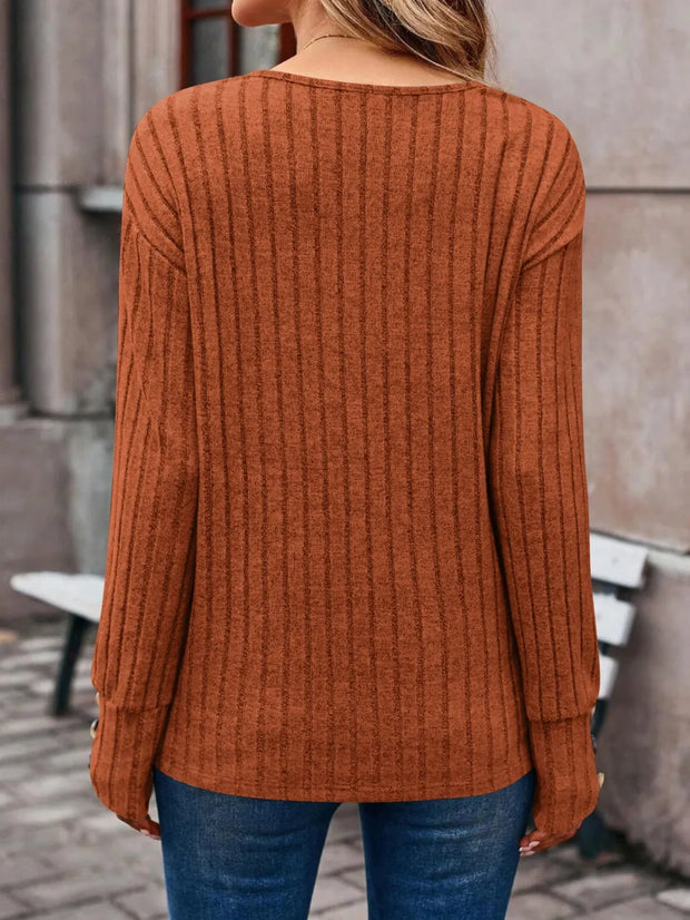 Decorative Button V-Neck Long Sleeve T-Shirt www.nizzadesign.com
