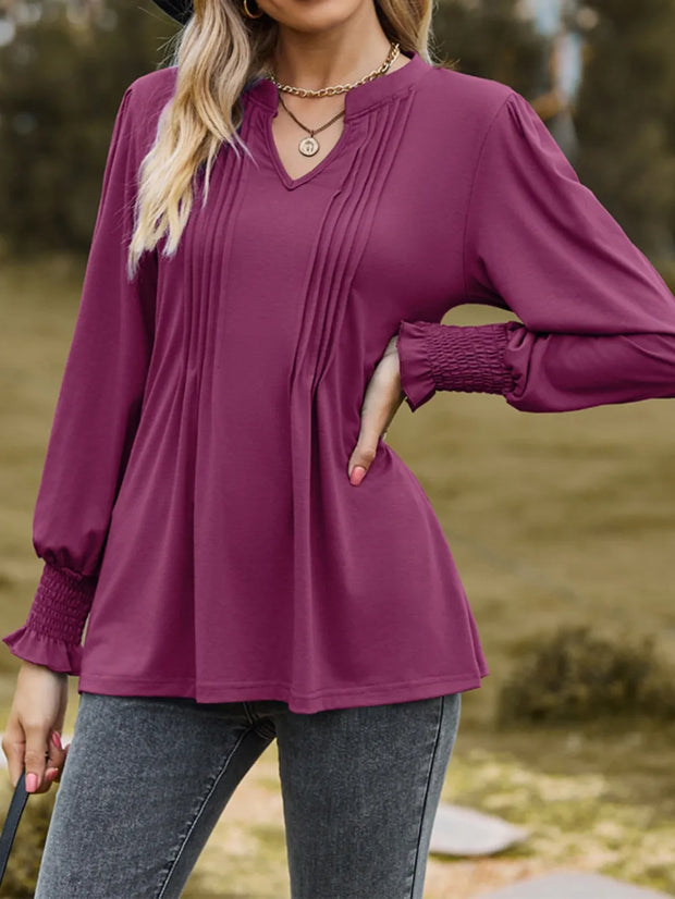 Ruched Notched Long Sleeve T-Shirt www.nizzadesign.com