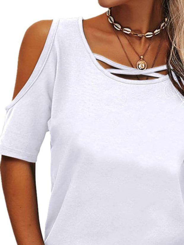 Full Size Crisscross Cold Shoulder Casual T-Shirt Plus Size www.nizzadesign.com