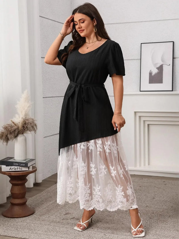 Plus Size Lace Patchwork Short Sleeve Maxi Dress www.nizzadesign.com