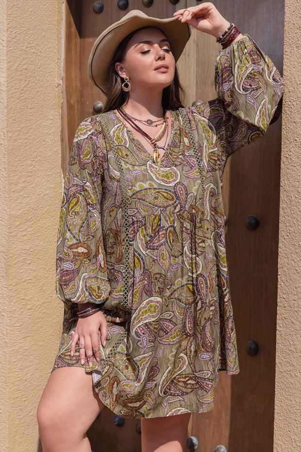 Plus Size Printed V-Neck Long Sleeve Midi Dress www.nizzadesign.com