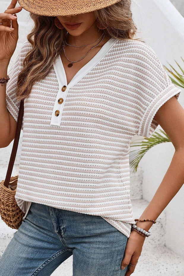 Stripe Buttoned Front V Neck T Shirt Khaki www.nizzadesign.com