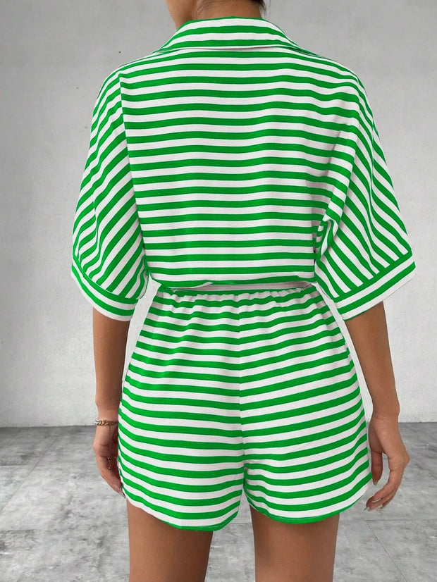 Tie Waist Half Button Striped Romper www.nizzadesign.com