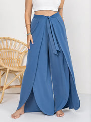 Plus Size Tied Slit Wide Leg Pants Dusty Blue www.nizzadesign.com