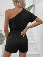 Perfee Single Shoulder Tie Waist Romper www.nizzadesign.com