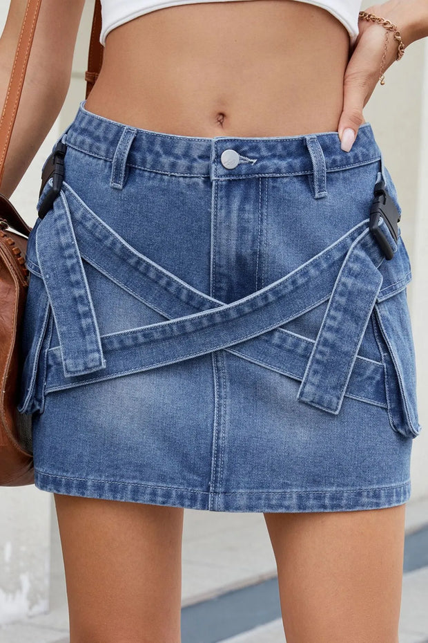 Criss-Cross Waist Detail Denim Mini Skirt www.nizzadesign.com