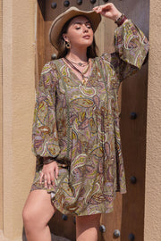 Plus Size Printed V-Neck Long Sleeve Midi Dress Camel www.nizzadesign.com