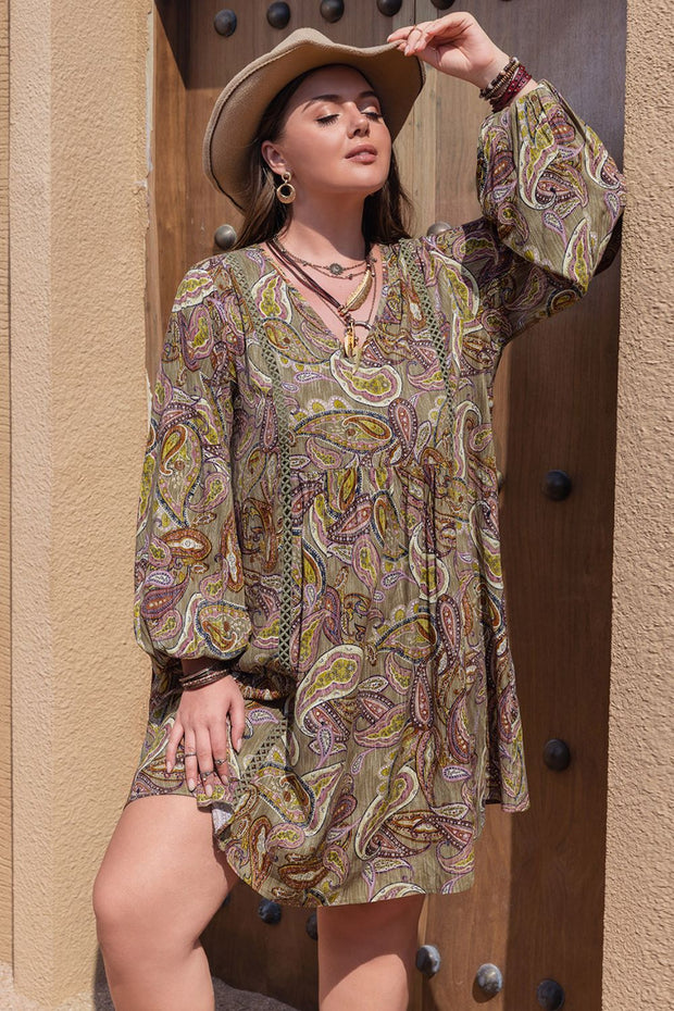 Plus Size Printed V-Neck Long Sleeve Midi Dress Camel www.nizzadesign.com