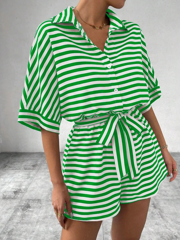Tie Waist Half Button Striped Romper www.nizzadesign.com