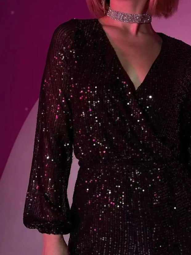 Full Size Sequin Surplice Tie Waist Long Sleeve Romper www.nizzadesign.com
