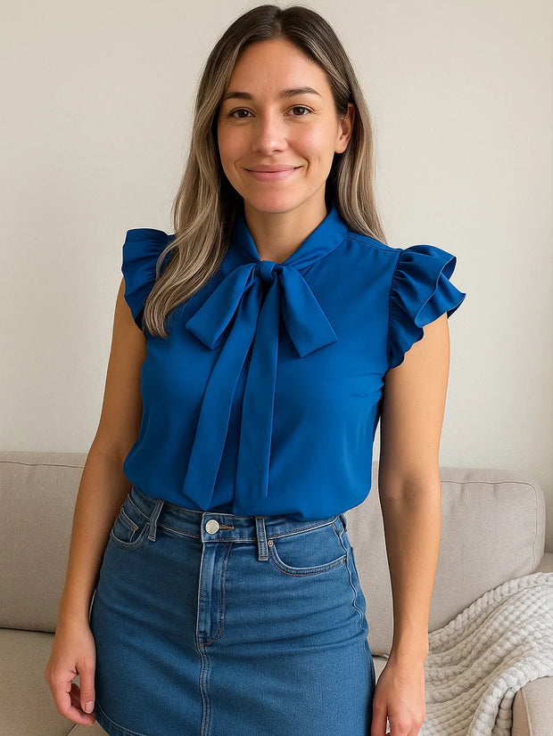 Ruffle Cap Sleeve Bow Tie Blouse www.nizzadesign.com