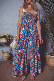 Floral Smocked Spaghetti Straps Wide Leg Jumpsuit www.nizzadesign.com
