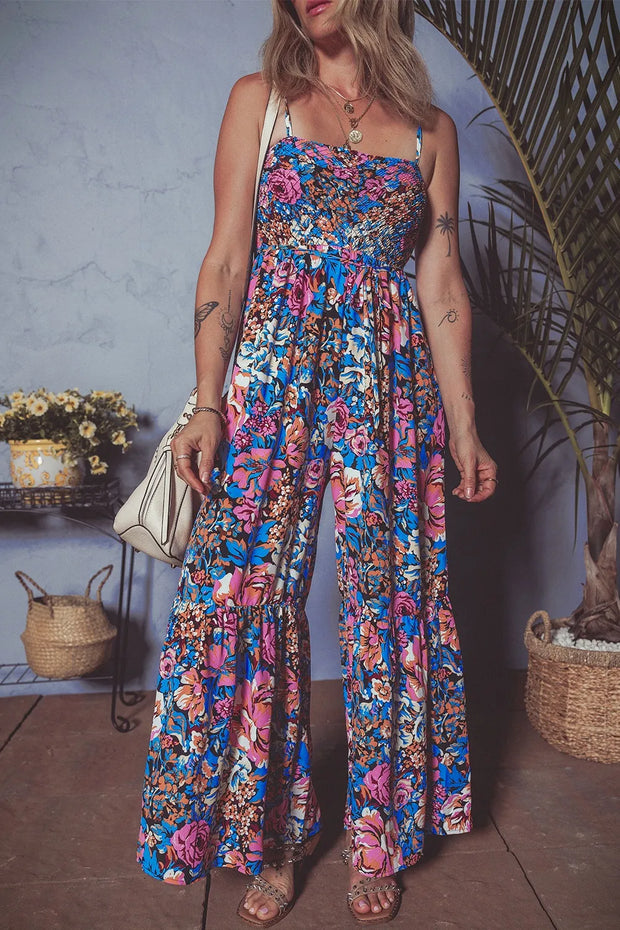 Floral Smocked Spaghetti Straps Wide Leg Jumpsuit www.nizzadesign.com